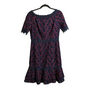 SHANI Navy Burgundy Embroidered Lace Flounced Hem Short Sleeve Sheath Dress 4